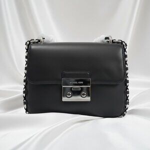 NWT MK Michael Kors Piper Flap Leather Bag BLACK Silver